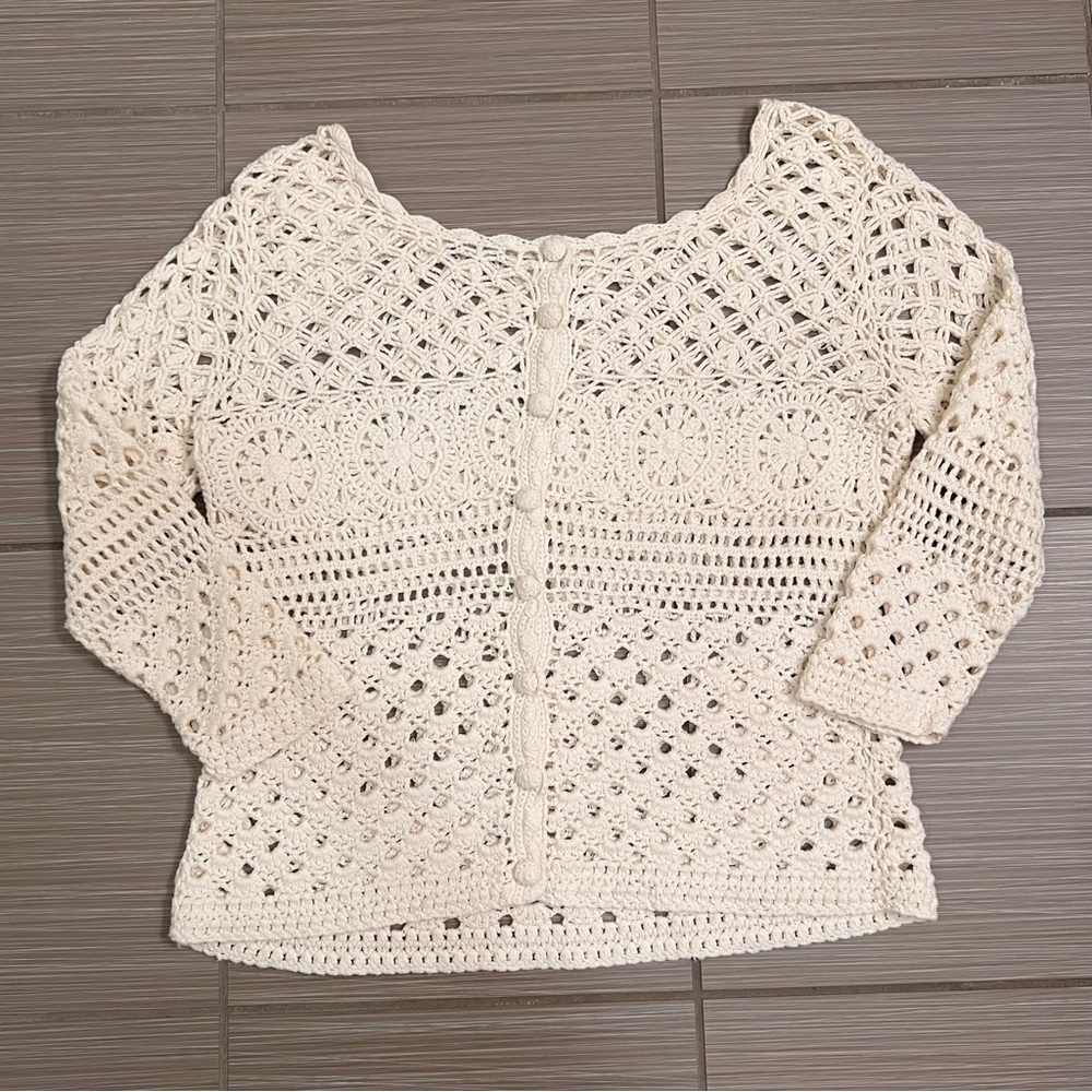 Lucky Brand Ivory Cream Crochet Top Sweater small knit - Picture 9 of 11
